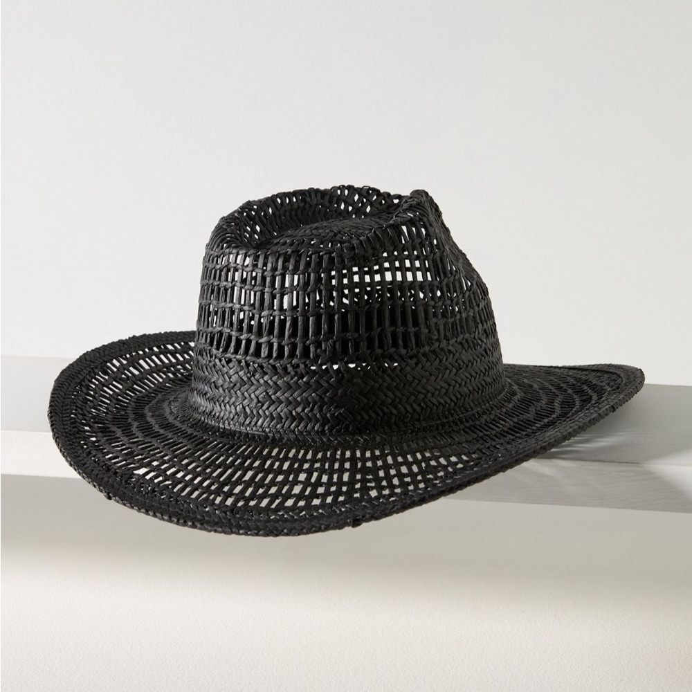 Anthropologie Wyeth Geo Open Weave rancher Stylish Black Woven Hat - Picture 6 of 7